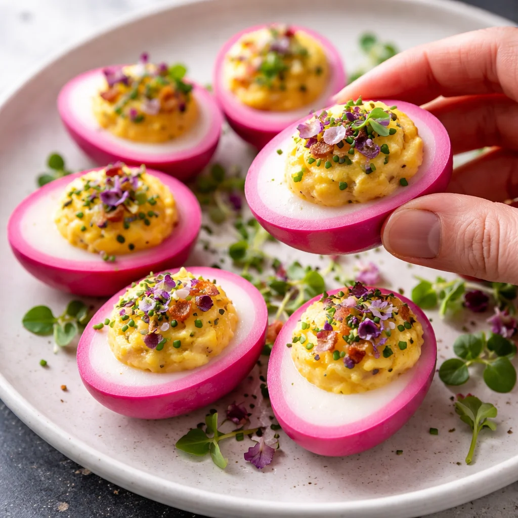 Colorful stuffed pink eggs garnished for a festive appetizer.