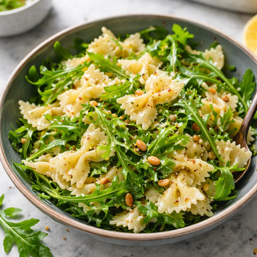 Tangy lemon arugula pasta salad in a bowl with fresh ingredients