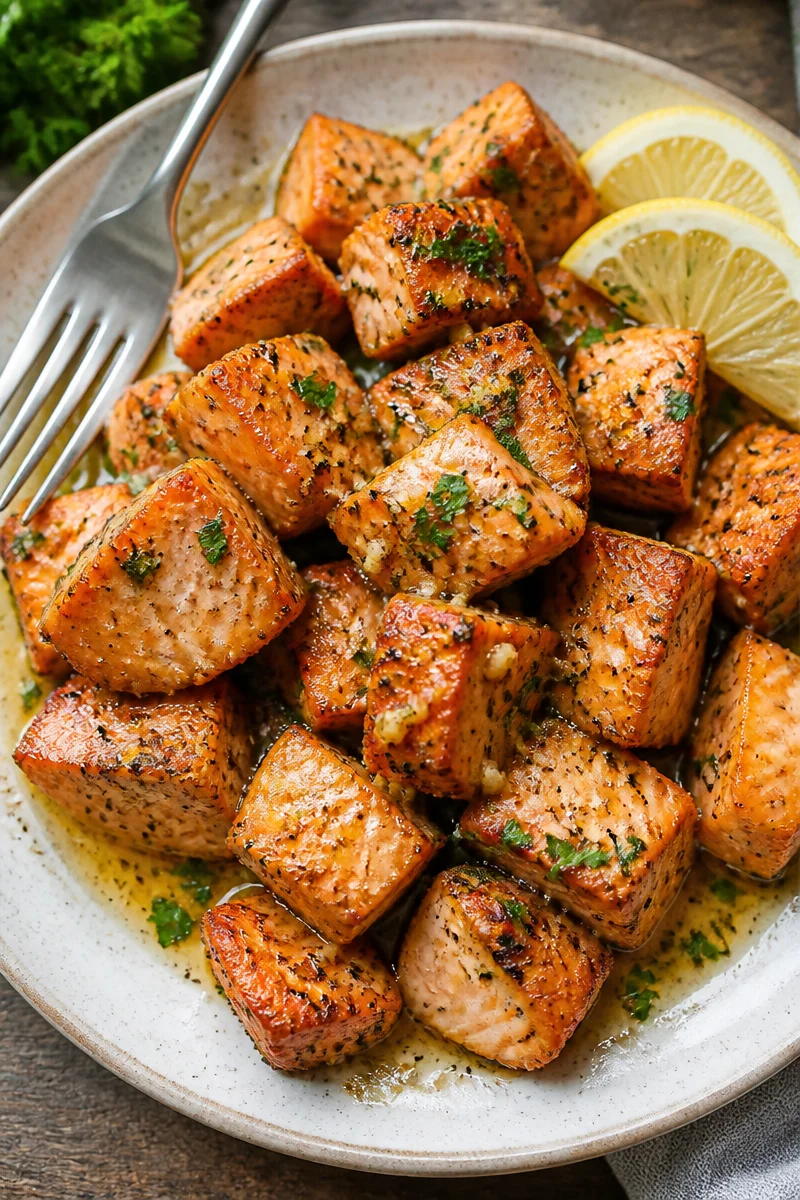 Air Fryer Salmon Bites with Lemon Garlic Butter Sauce
