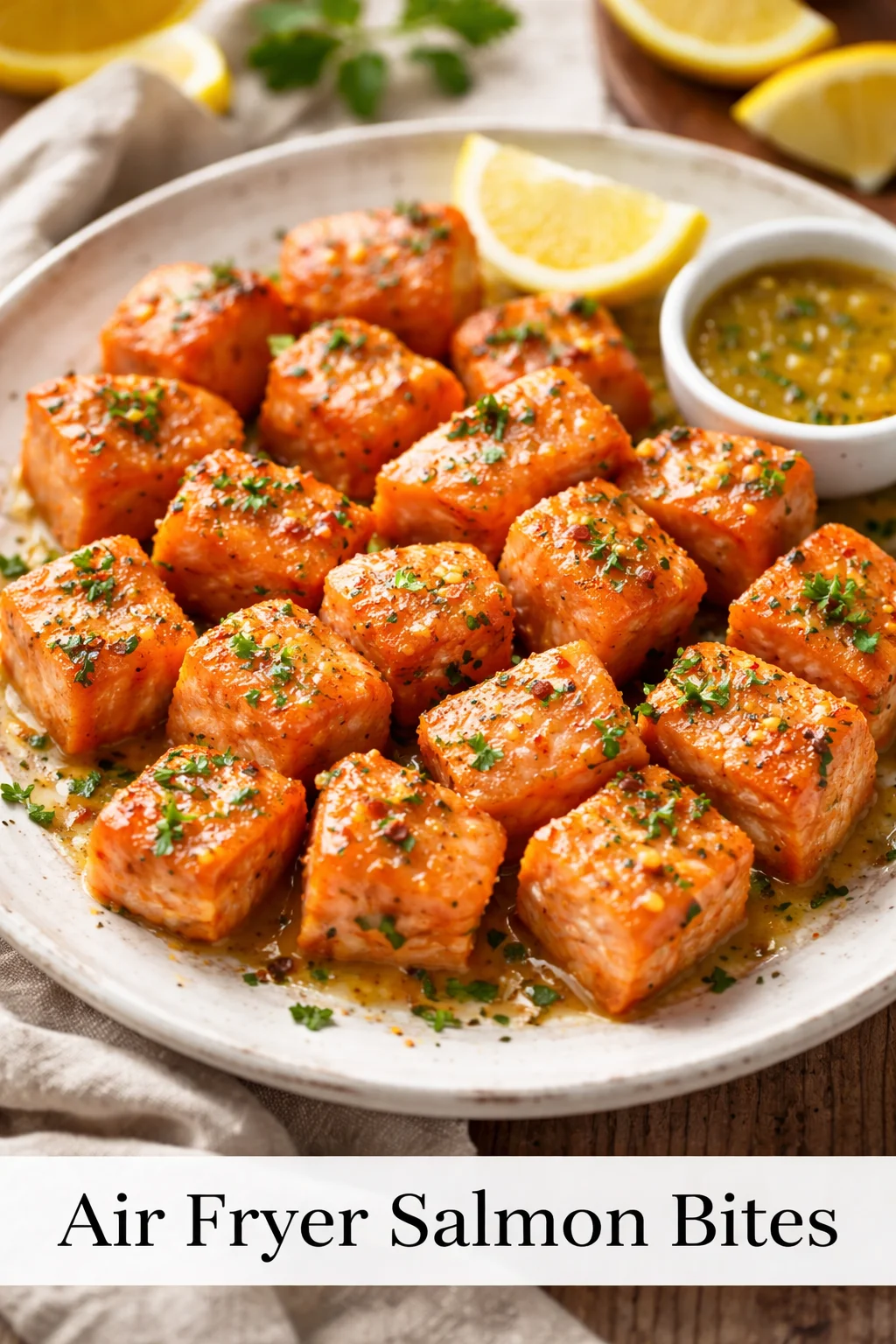 Air Fryer Salmon Bites with Lemon Garlic Butter Sauce