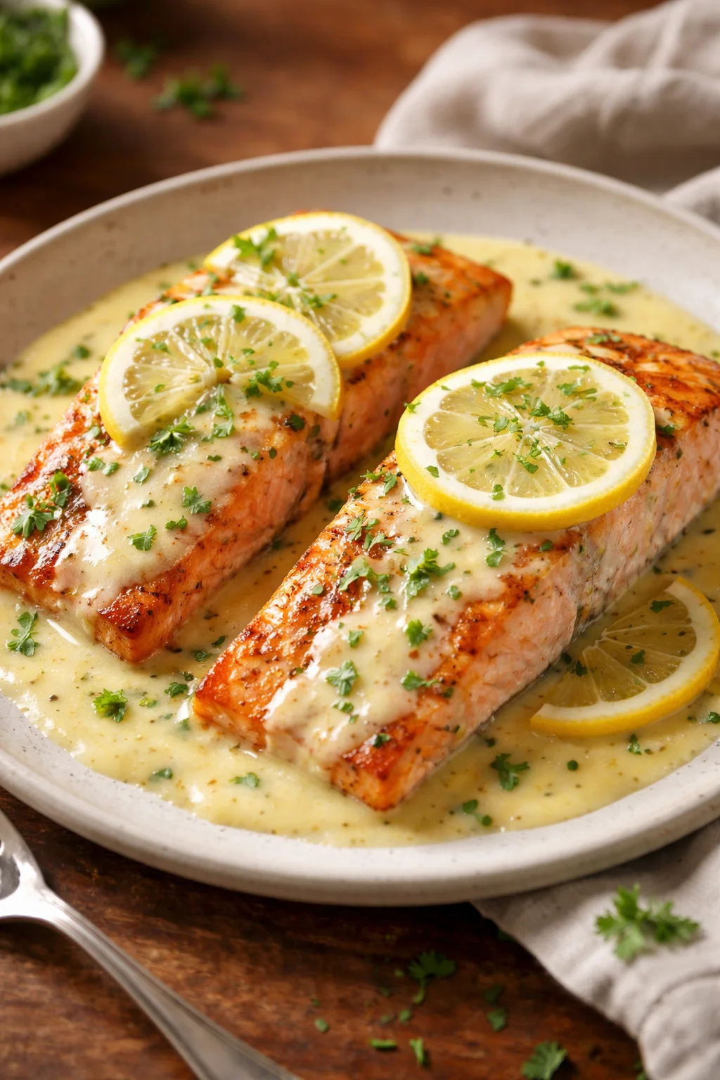 Baked Salmon with Lemon Butter Cream Sauce