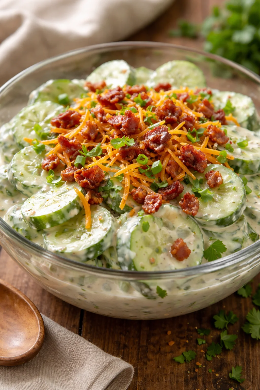 Creamy Cucumber Salad with Bacon and Cheese