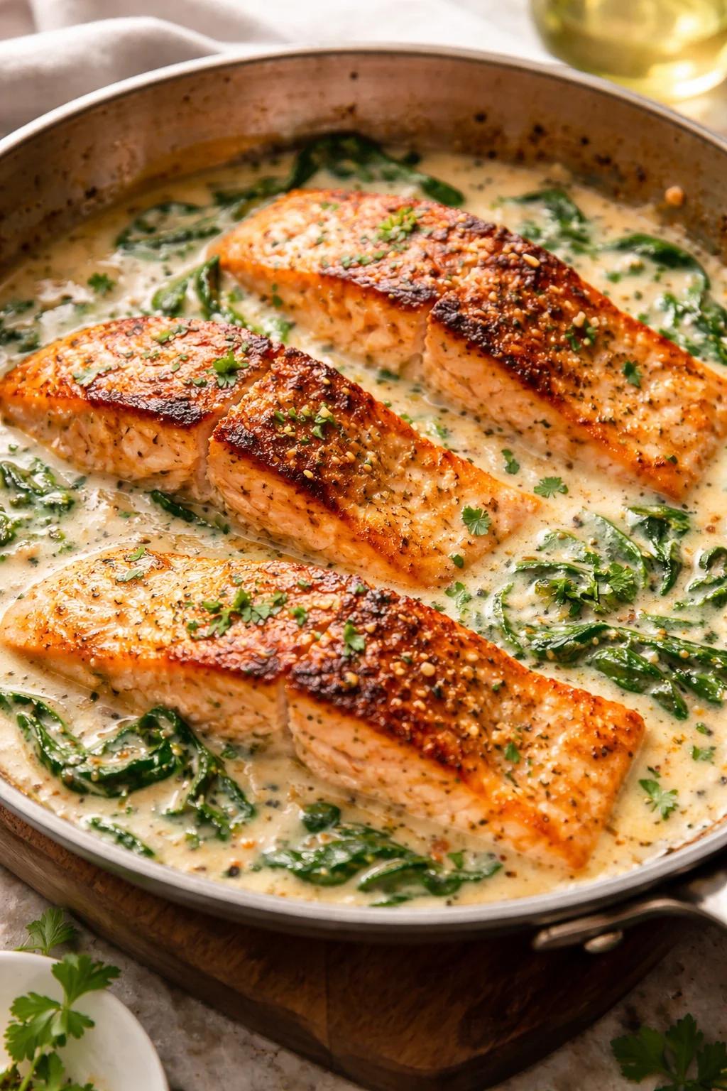 Pan Seared Salmon in Parmesan Cream Sauce
