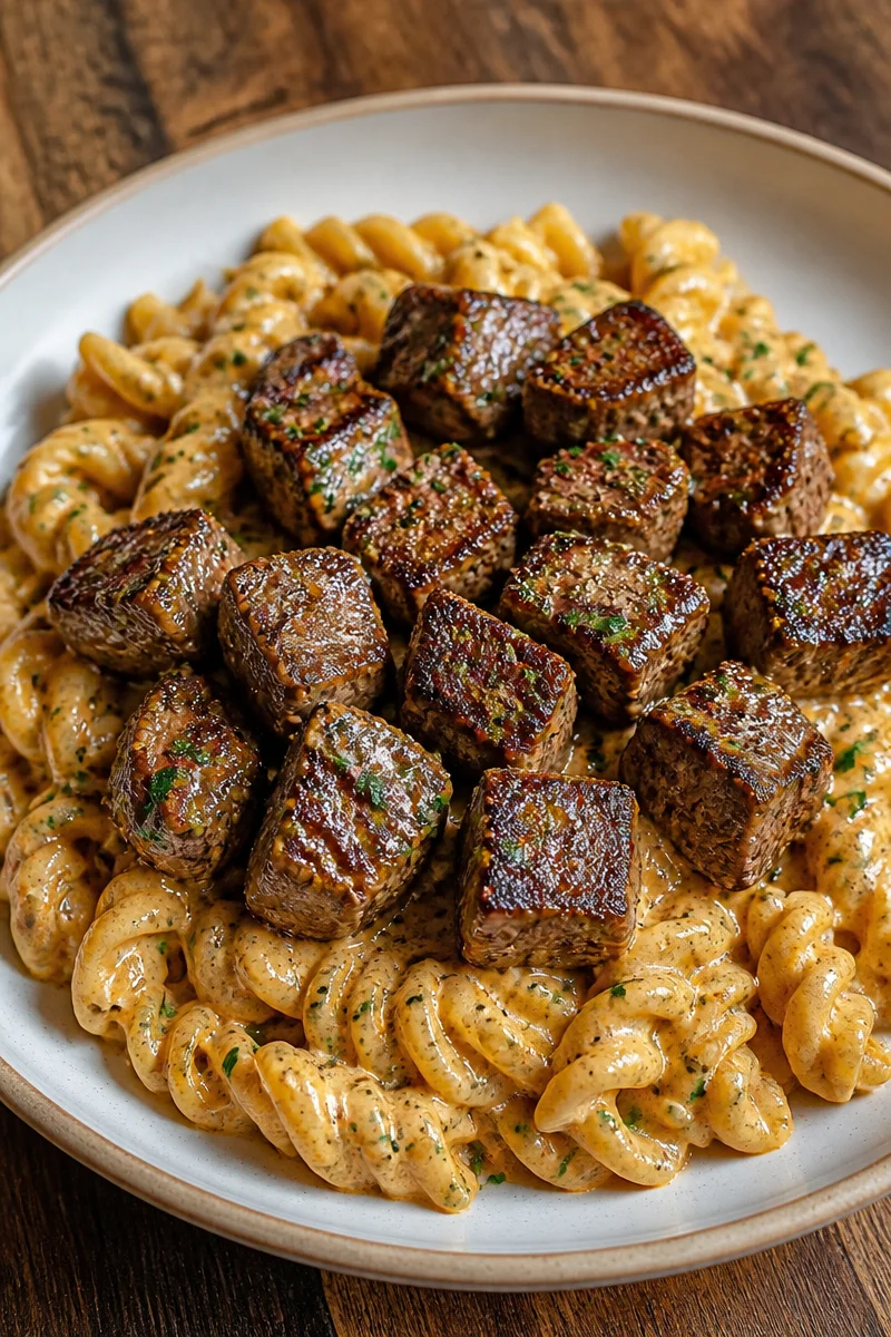 Creamy Garlic Butter Steak Bites with Spicy Cajun Alfredo Twisted Pasta
