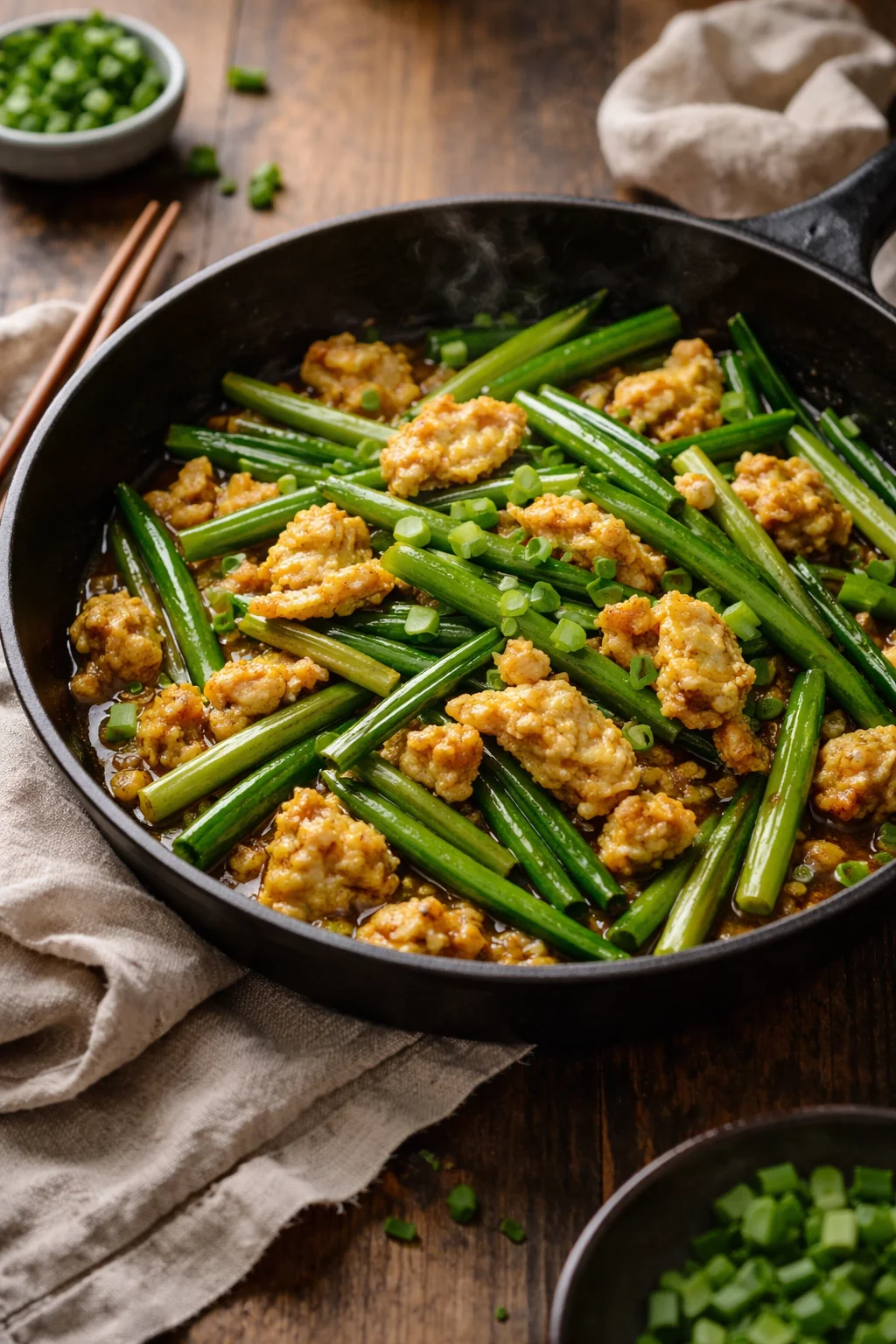 Garlic Scapes with Eggs in Brown Sauce