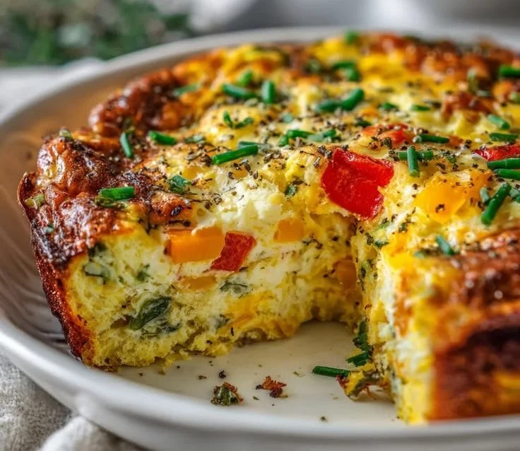 Delicious cheesy egg casserole fresh out of the oven, ready to serve.