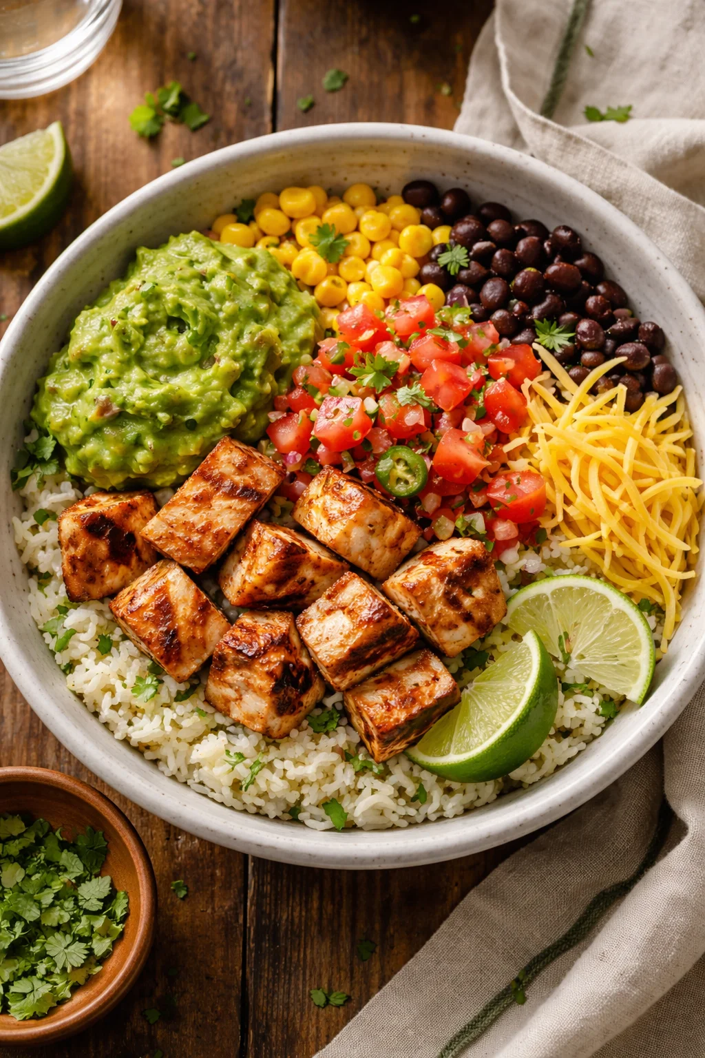 Grilled Chicken Burrito Bowl with Rice and Beans