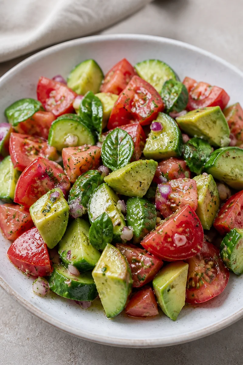 Italian Inspired Tomato, Cucumber and Avocado Salad