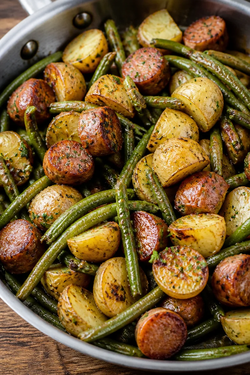 One Pan Sausage, Green Beans, and Potatoes