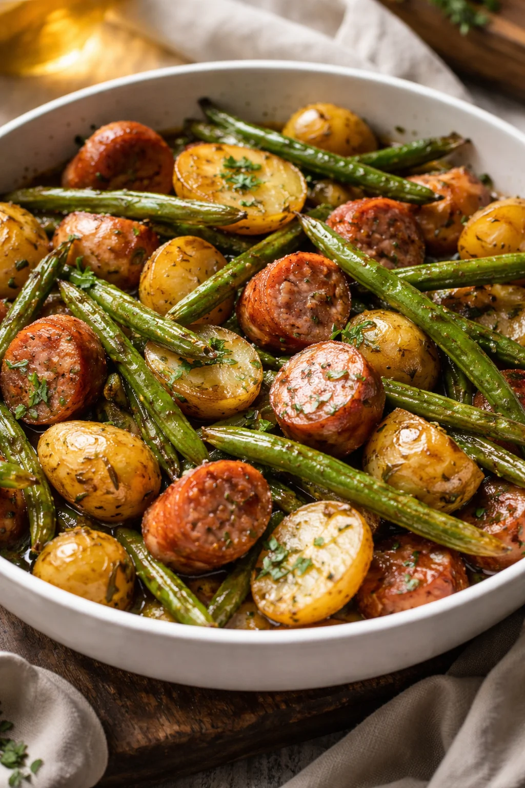 One Pan Sausage, Green Beans, and Potatoes