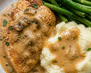 Creamy Garlic Chicken Recipe with Gravy and Mashed Potatoes | Creamy Garlic Chicken Dinner, Garlic Chicken and Mashed Potatoes, Saucy Chicken and Mushrooms